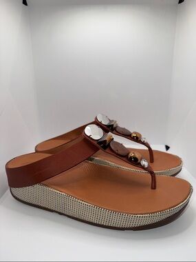 Fitflop Tan Brown Platform Thong Sandals with Jewel Accents